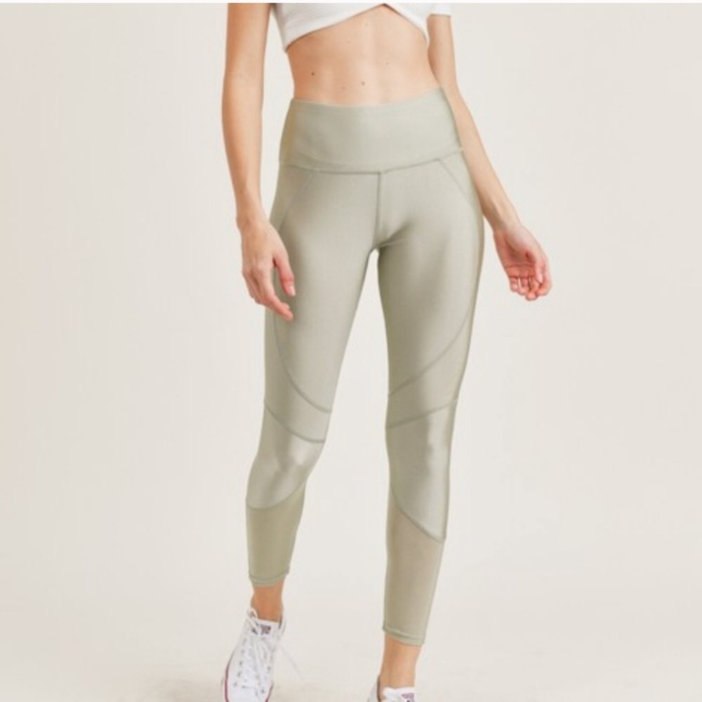 NWT Metallic Sage Green Gloss Mesh High Waist Workout Leggings
